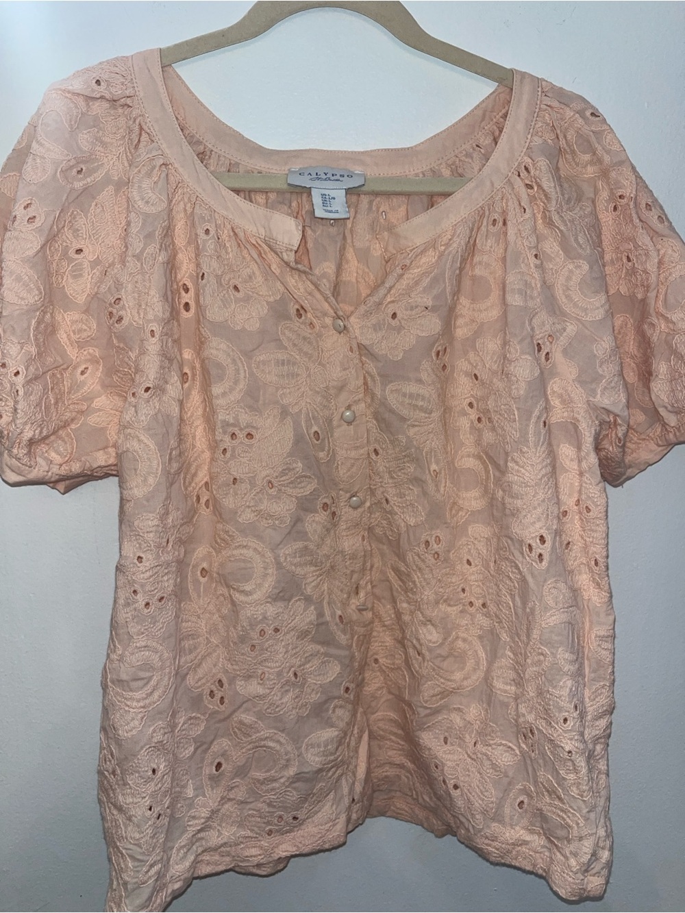 Calypso St. Barth Peach Eyelet Lace Puff-Sleeve Blouse